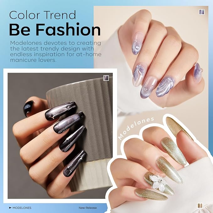 modelones Cat Eye Gel Nail Polish Set, 6 Colors 2026 Spring Summer Holographic 9D Glassy Cat Eye Glitter Gel Polish Set Black Blue Purple Green Nail Polish Kit W Magnet Soak Off LED Nail Art DIY Gift