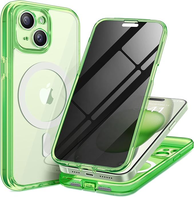 Magnetic for iPhone 15 Plus Case, Compatible with MagSafe, Built-in Privacy Screen Protector and Camera Protection, Anti Spy Full Body Dustproof Shockproof Hard Phone Case 6.7", Bright Green