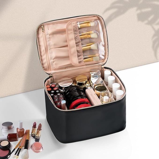 OCHEAL Large Makeup Bag for Women - Travel Cosmetic Organizer with Brush Holder & Dividers, Waterproof Leather Makeup Case, Portable Toiletry Bag for Makeup Brushes, Skincare, Accessories (Black)