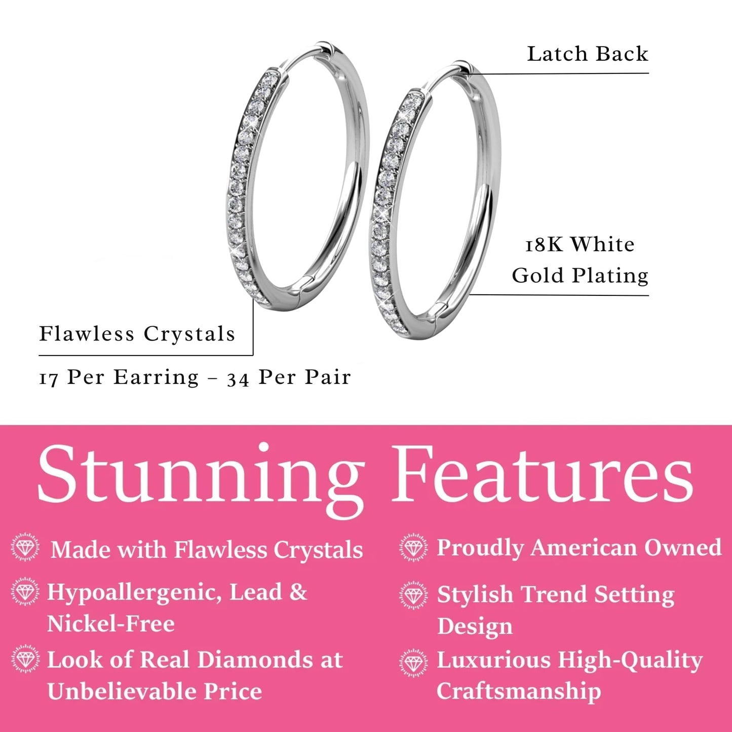 Cate & Chloe Bianca 18K White Gold-Plated Hoop Earrings | Elegant Jewelry for Women with Round Cut Simulated Diamond Crystals | 25mm Silver Hoops Holiday Gift for Her on Christmas, Birthday