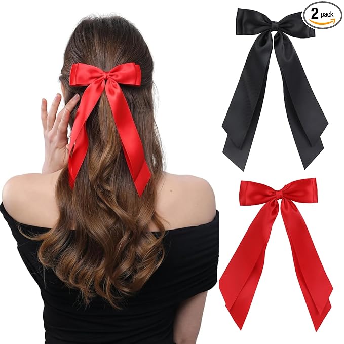 LuSeren 2 PCS Double Layer Hair Bows Red and Black Hair Ribbon Clips Ponytail Holder Accessories for Women Girls Toddlers Teens Kids