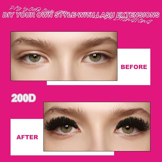 Fowendia Lash Clusters Kit Fluffy 200D Individual Lashes D Curl Cluster Eyelash Extensions 10-18mm DIY Lash Extension Kit Lash Bond and Seal Waterproof, Lash Applicator, Thick False Eyelashes Kit