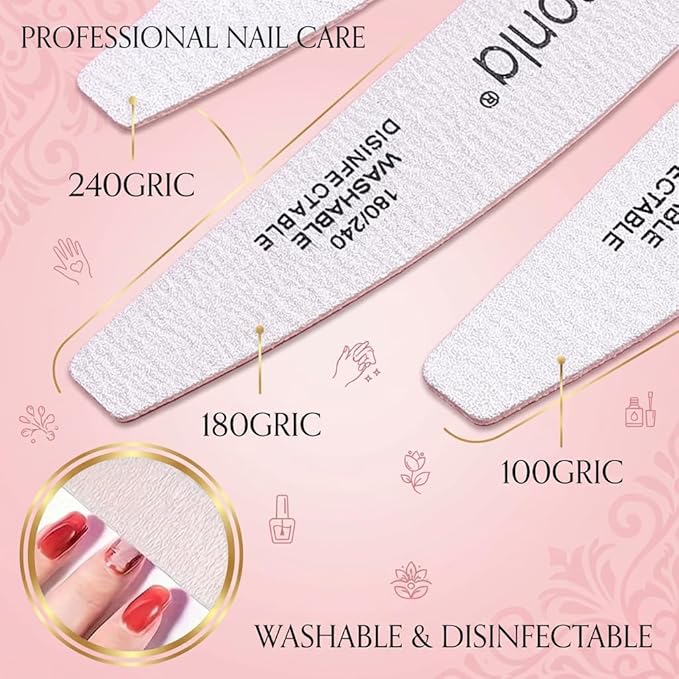 25pcs Professional Half Moon Nail Files Emery Board Set 180/240 Grit Dual-Grit Buffer Files for Natural & Acrylic Nails Tools Suit for Home Salon