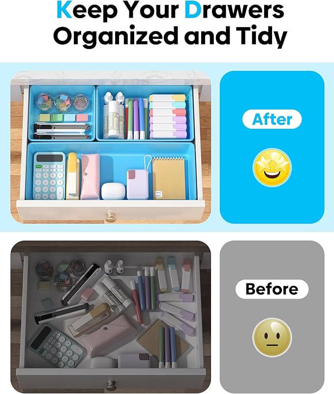 10 Pack Large Size Plastic Drawer Organizers Set, 3 Sizes Desk Drawer Organizer Trays, Storage Bins for Vanity, Makeup, Bathroom, Kitchen Utensils and Office (Blue)