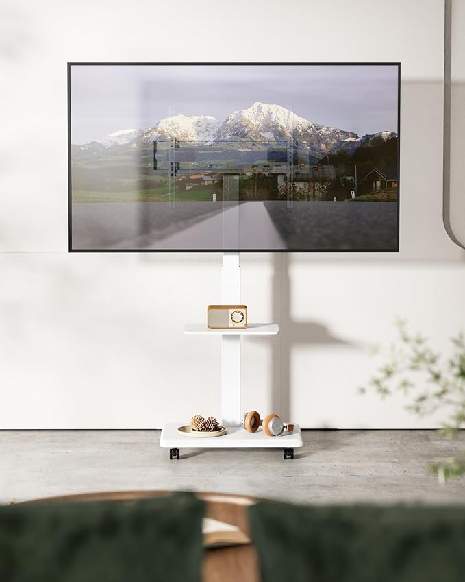 ECOTINY Steel Base Rolling TV Stand for 32-75 inch TVs up to 110 lbs, Leveling & Tilt & Swivel Mobile TV Stand with Hidden Wire Management, Height Adjustable Portable Tv Stand with Steel Shelf, White