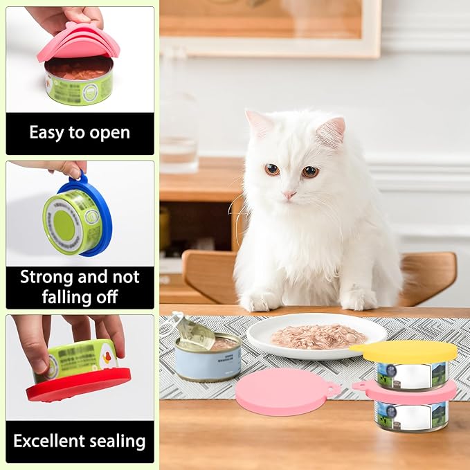 PINE & LINEN 4 Pcs Durable Pet Can Lids,One fit 3 Standard Size Silicone Waterproof Cat Food Cans Lids for 3oz/5.5oz/12.5oz/13.2oz Cat Food Cans（Yellow+Red+Pink+Blue）
