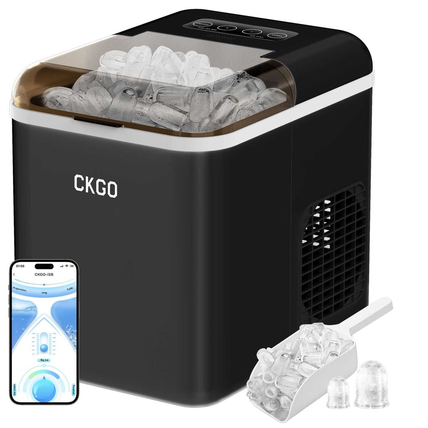 Ice Maker Countertop, 9 Cubes in 6 Mins, 33 lbs per Day, Portable Bullet Ice Machine, Self-Cleaning Ice Makers with Basket and Scoop, Ideal for Home, Kitchen, Camping, RV