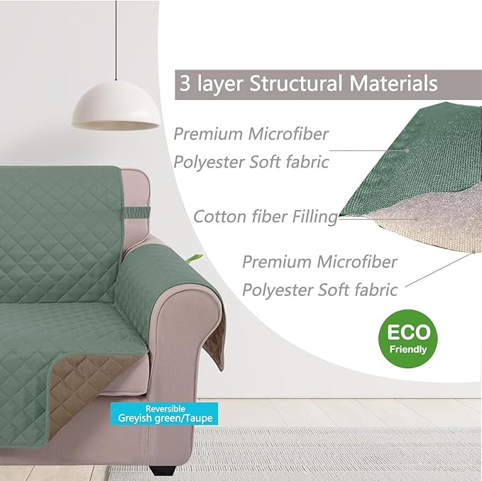 U-NICE HOME Reversible Sofa Cover Couch Cover for Dogs with Elastic Straps Water Resistant Furniture Protector for Pets Couch Cover for 3 Cushion Couch (Sofa, Greyish Green/Taupe)