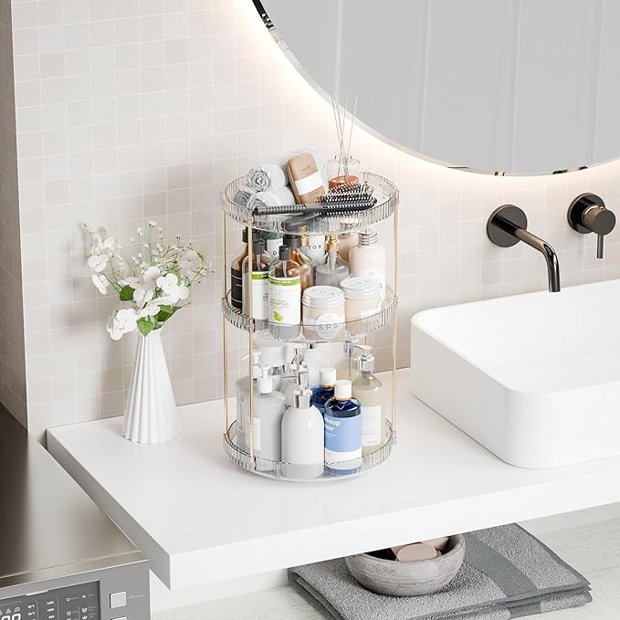 Yieach Acrylic 360 Rotating Makeup Organizer and Perfume Organizer,3 Tier Make Up Holder and Acrylic Skincare Organizers for Countertop,Vanity,Bathroom,Clear Spinning Beauty Organizer for Face Product