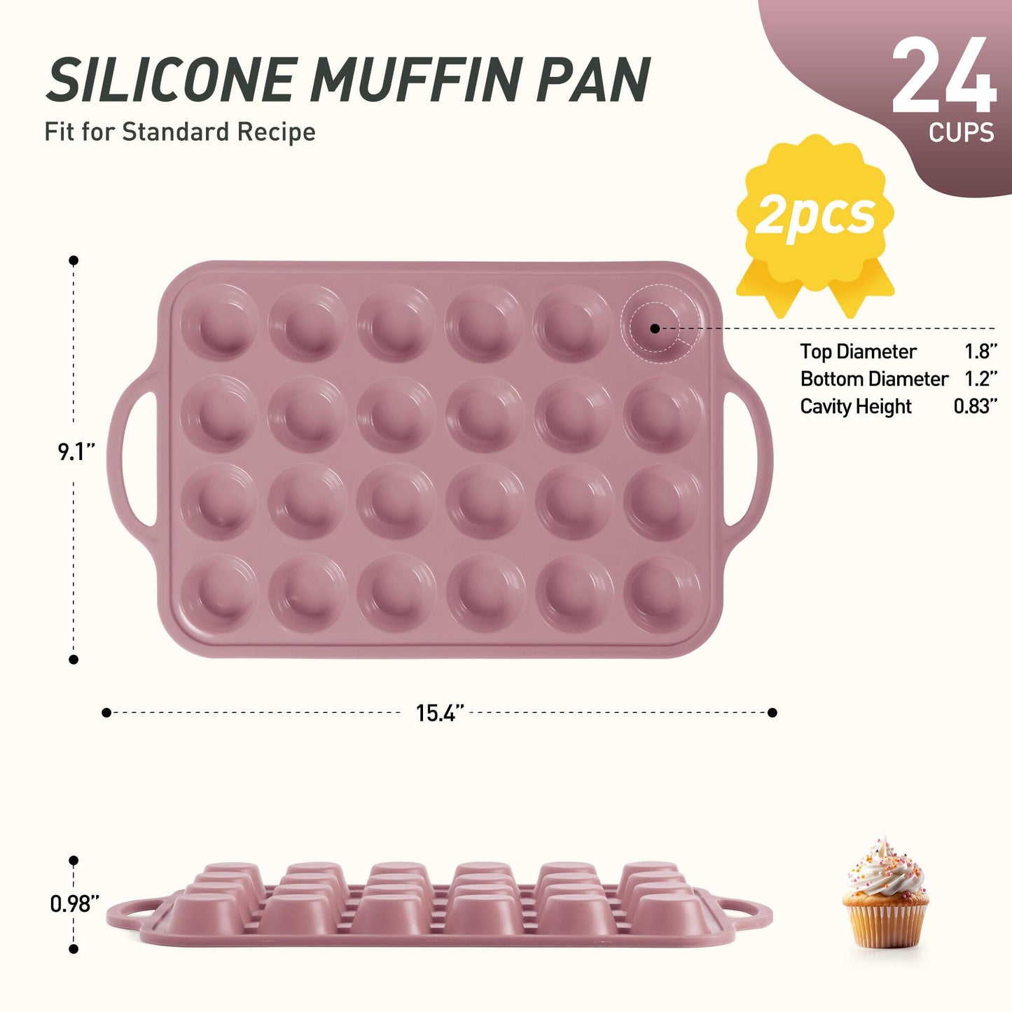 2 Packs 24 Cups Silicone Muffin Pan with Metal Reinforced Frame Mini Size Cupcake Pan Tray Egg Bites Silicone Circle Cookie Molds Muffin Tin Tart Pans Baking Sheet Set for Breakfast Sandwiches