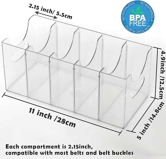 Belt Organizer - Clear Stackable Belt holder for Closet and Drawer Storage - 5 Compartments with Removable Dividers, Multi-Purpose Display Bins With Inserts For Ties, Socks, underwear (1)