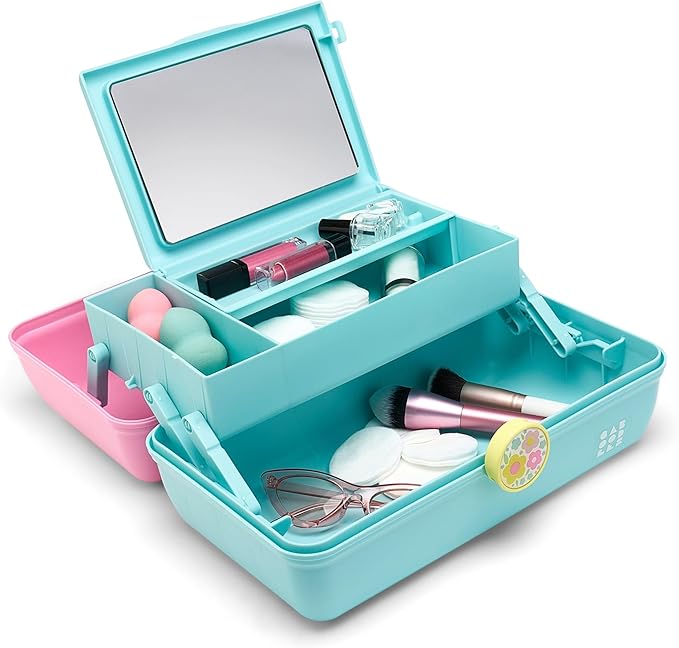 Caboodles On-The-Go Girl Makeup Storage Box 2-Pack, Two-Tone Pink/Light Blue and Lavender/Light Green, Hard Plastic Makeup Organizer Box, Built-In Mirror, Secure Latch for Safe Travel