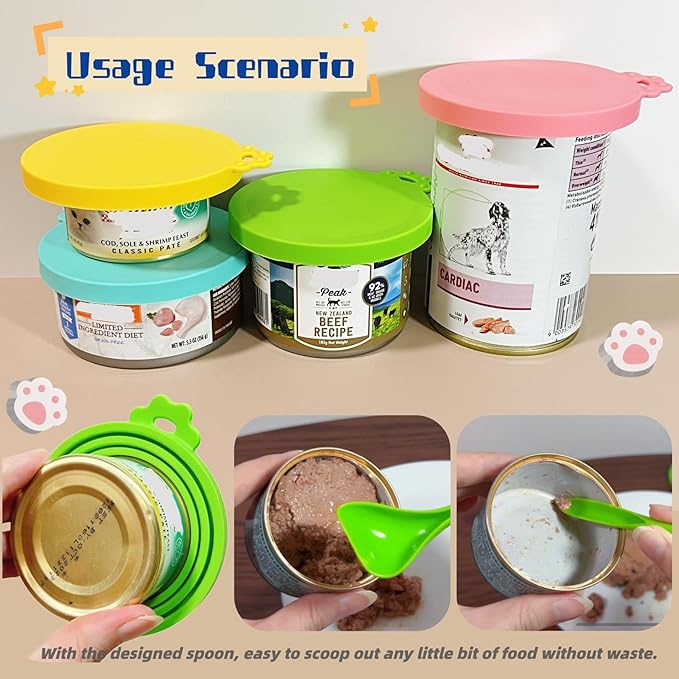 MoPawKT- Silicone Cat/Dog Food Can Covers Lids, Universal 3 Sizes Fit for 3oz, 5.5oz, 6.5oz, 13oz, 13.2oz Pet Food Cans, BPA Free, Reusable (box of 3 lids+1 scoop in Grey)
