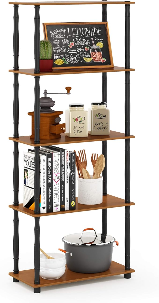 Furinno TURN-S-TUBE Storage Shelves, 5-Tier Book Shelf, Corner Shelf, Toolless Open Shelves, Classic Tubes, for Organization and Storage, Living Room, Garage, Home Office, Light Cherry