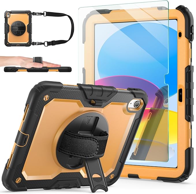 Ambison Case for iPad A16 11th/10th Generation 11"/10.9'' 2025/2022,Heavy Duty Shockproof Case with Tempered Glass Screen Protector, 360° Rotating Handle Strap&Stand,Shoulder Strap-Yellow