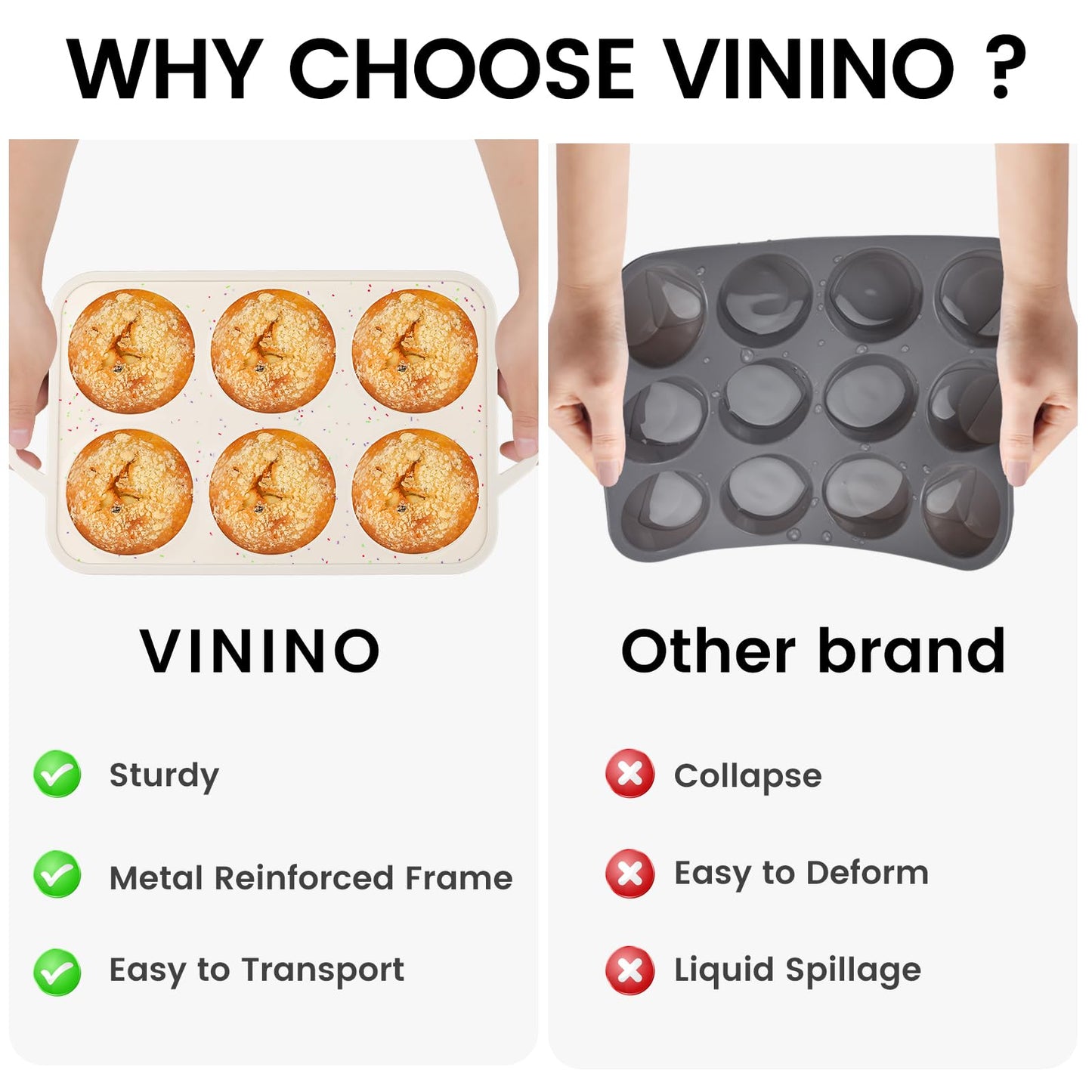 Vinino Jumbo Muffin Pan with Metal Reinforced Frame-2Pack, Silicone Cupcake Pan for Baking 6 Cup Jumbo Size, BPA Free Silicone Muffin Tray, Cupcake Baking Pan Molds for Oven Dishwasher Safe-Cream