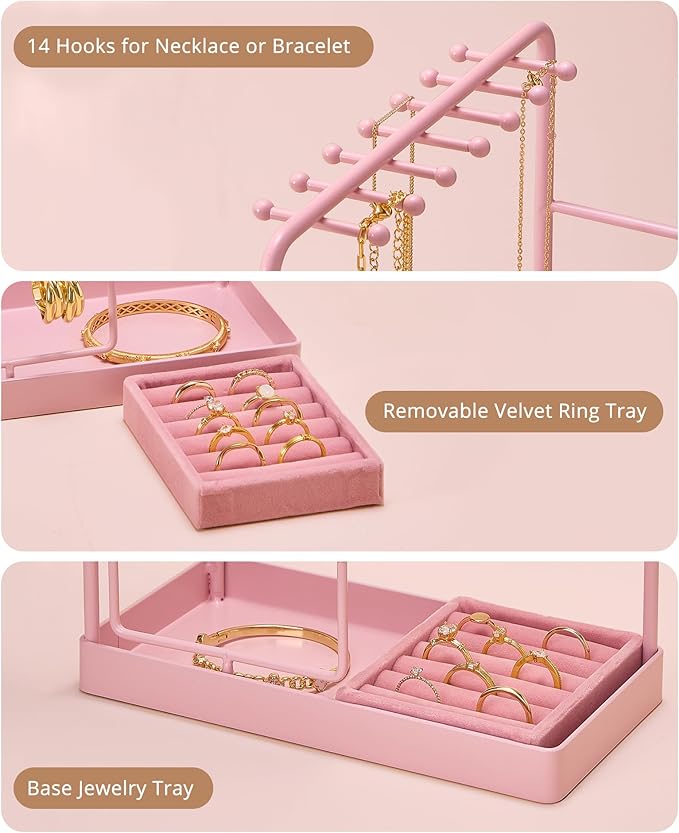 ProCase Jewelry Stand Holder Organizer, Jewelry Display Storage with Ring Tray, No-Assembly Needed, Rotating Earring Bracelet Necklace Holder, Christmas Gifts Room Dorm Decor for Teen Girls -Pink