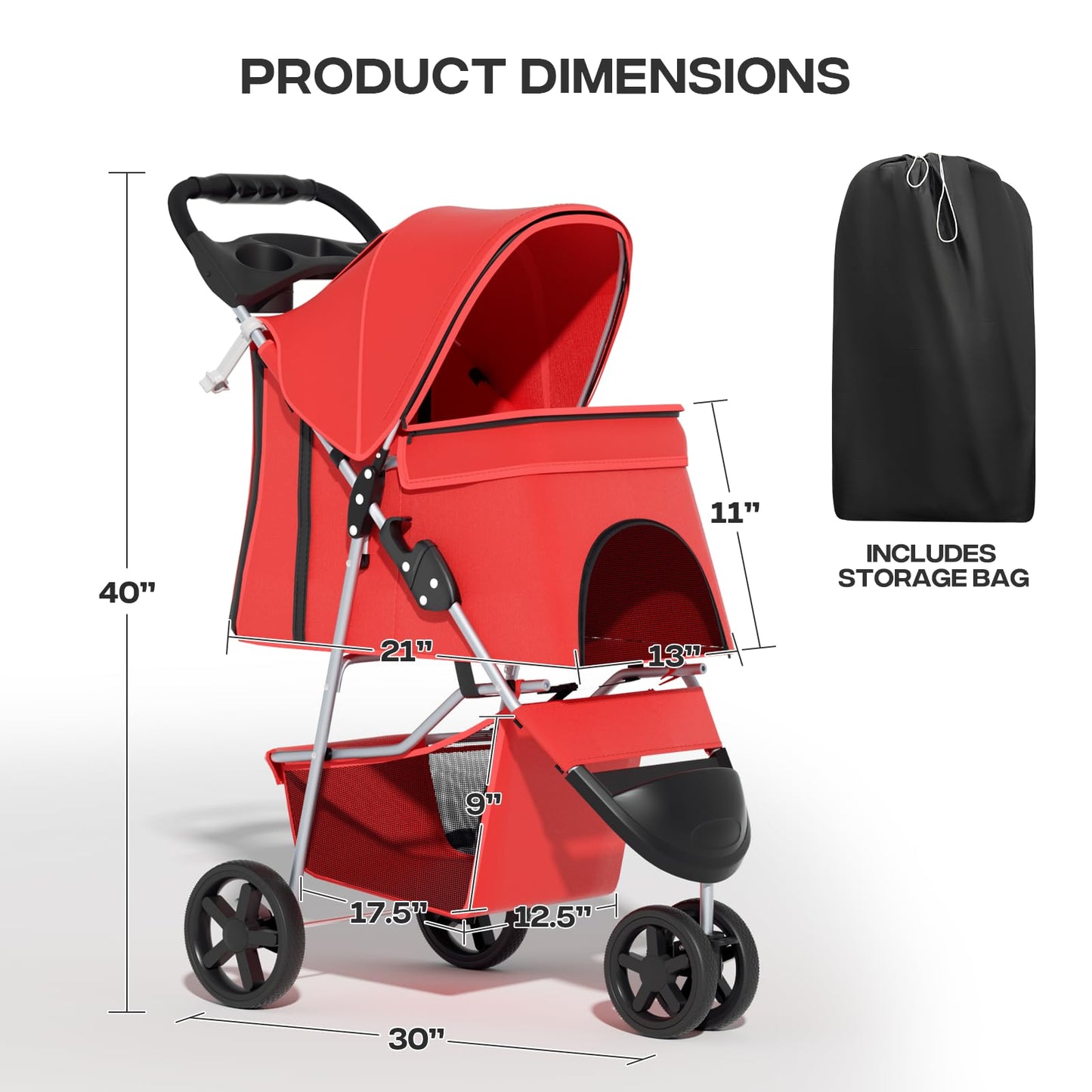 Pet Stroller for Small Dogs 10 lbs, Dog Stroller for Medium Dogs 30 lbs, Cat Strollers for 2 Cats, 3 Wheels Foldable Jogger Puppy Stroller with Storage Basket and Cup Holder, Red