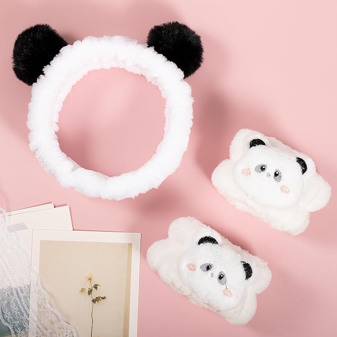 Pom Pom Panda Ears Plush Wash Face Headband Spa Wrist Band Cuffs Hair Scrunchy Women Girls Facial Makeup Skincare Bath Head Wrap Kids Costume Party Supply Birthday Gift