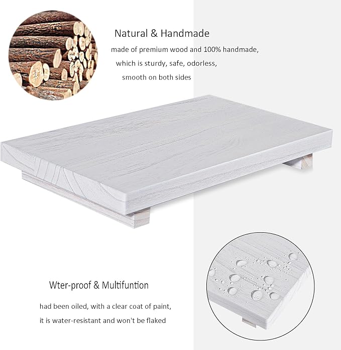 zoocatia Small Wood Tray Pedestal Stand Farmhouse Bathroom Decor Decorative Wooden Riser Kitchen Soap Dish Holder for Vanity, Counter, Sink, Large 11.8" x 7" - White