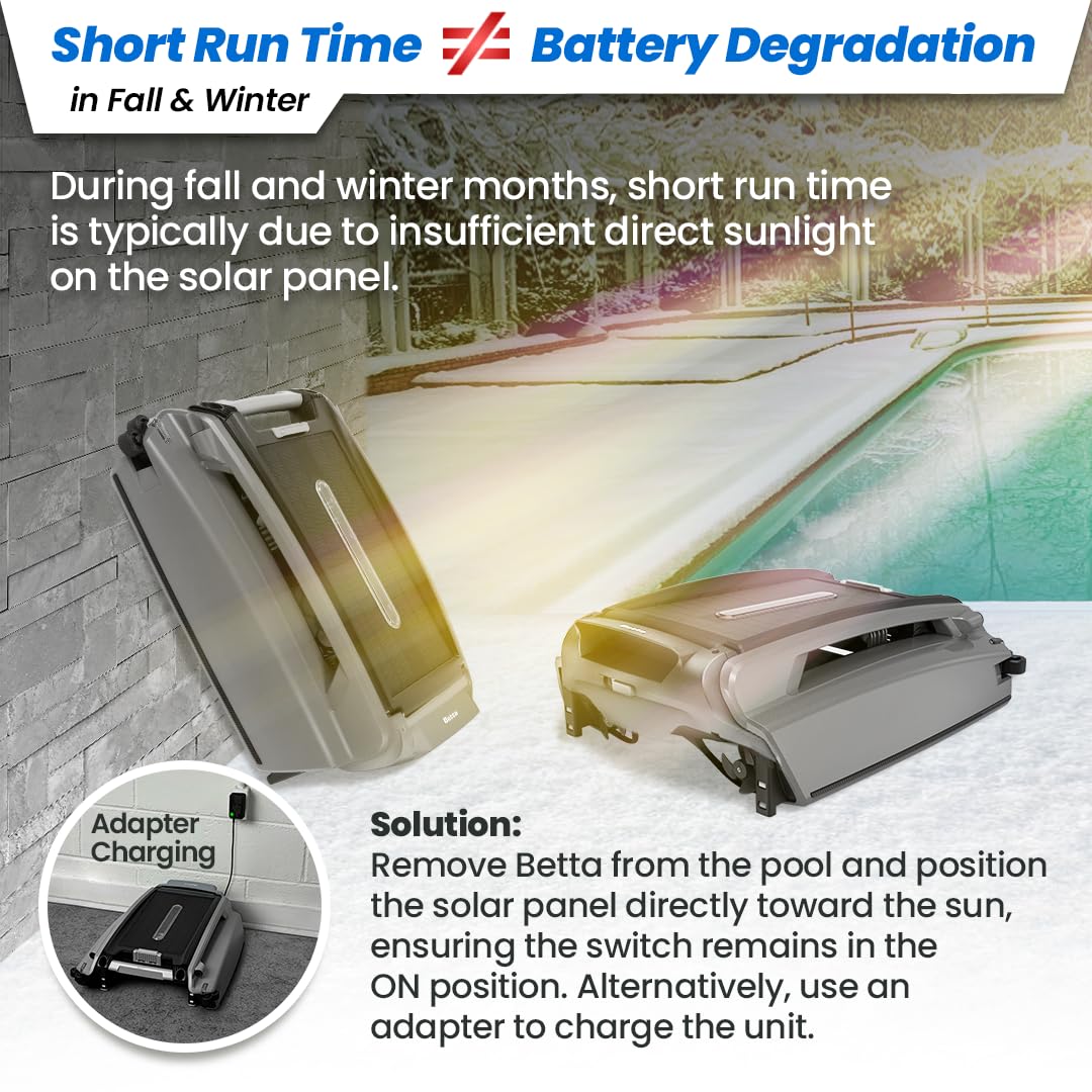 Betta SE Plus - Solar-Powered Robotic Pool Skimmer with 24/7 Continuous Cleaning Power, Dual Charging Options, Twin Salt Chlorine Tolerant Motors, and Shallow Water Safeguard