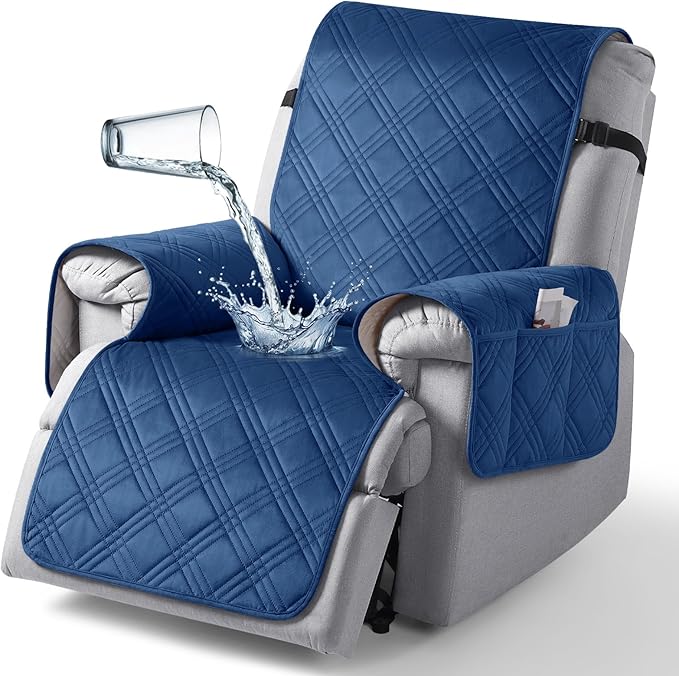 TAOCOCO 100% Waterproof Recliner Chair Cover, Recliner Covers for Recliner Chair with Pocket, Non Slip Reclining Chair Cover Furniture Protector for Kids, Pets(30'', Dark Blue-Velvet)