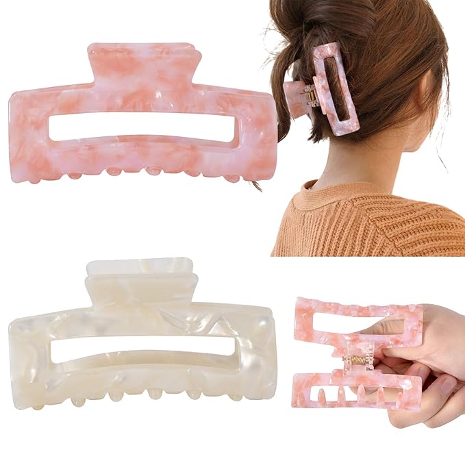 Big Claw Tortoise Banana Pink French Celluloid Leopard Print Clips for Women's & Girls' Thick and Thin Hair - 3.3 Inch, Strong Hold, 2 Color Options (2 Packs)