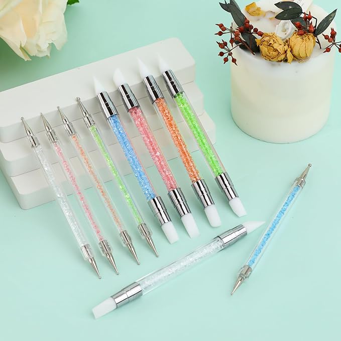 10PCS Nail Art Gel Carving Pen Acrylic Nail Dotting Pen Rhinestone Handle Double-Ended Silicone Nail Art Pen Brushes for Design Nail Foil Carving Drawing and 3D Effect Shaping Drawing Dotting Tools