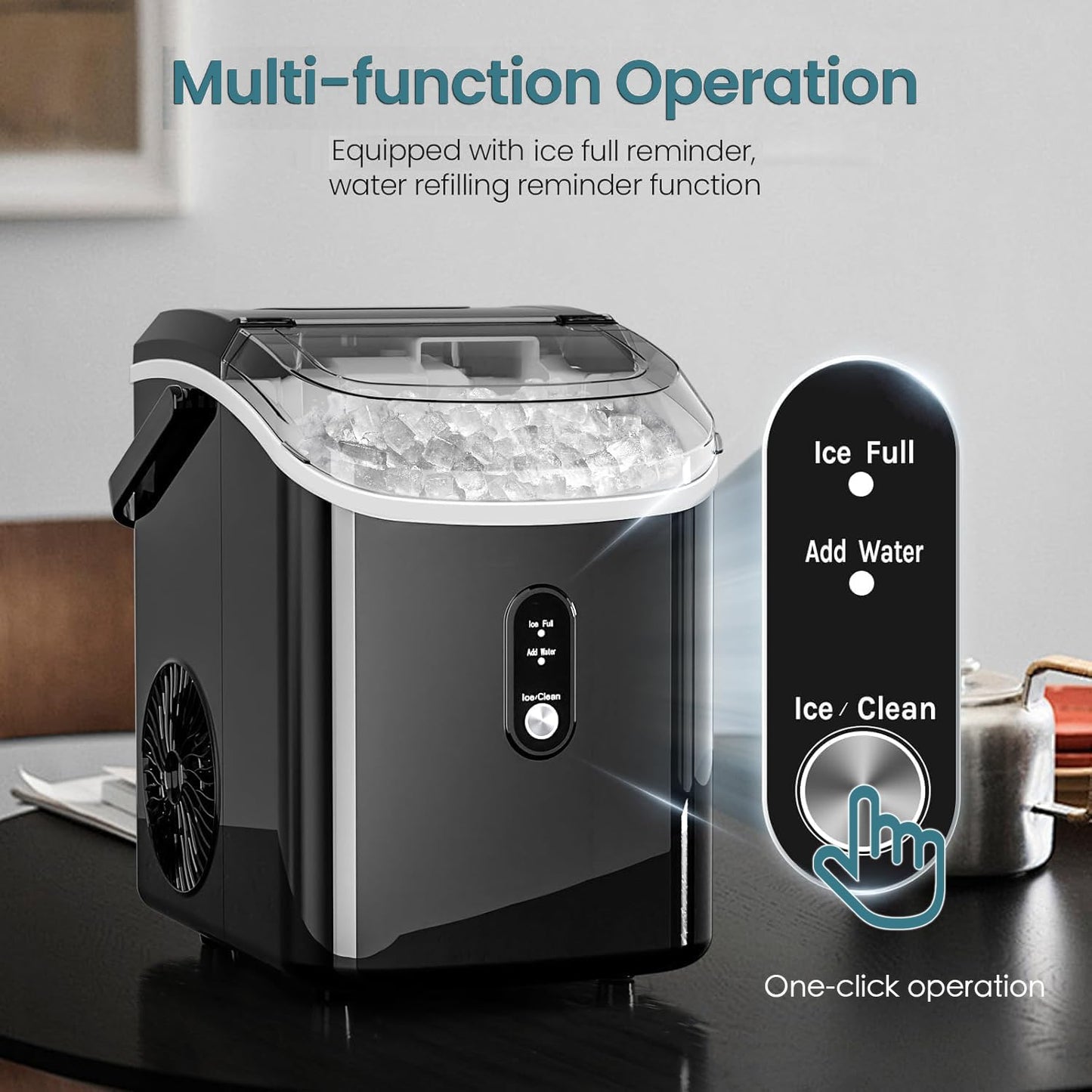 Nugget Countertop Ice Maker with Chewable Pellet Ice, Antarctic Star Portable Ice Machine Pebble Ice with Self-Cleaning, 34Lbs/24H, One Button Operation, for Kitchen, Home Black