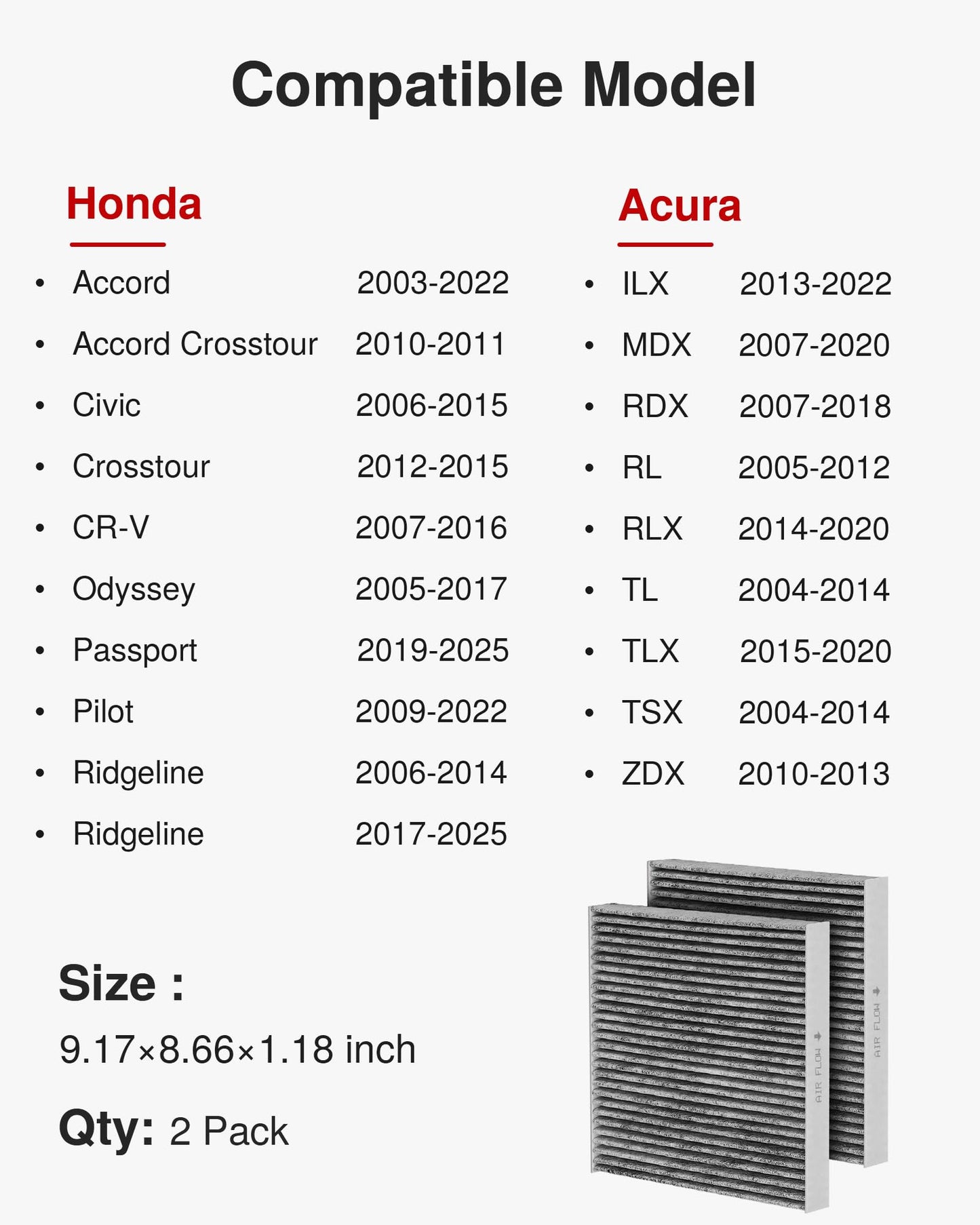 Puroma Cabin Air Filter with Activated Carbon, Replacement for CP134, CF10134, Honda & Acura, Civic, CR-V, Odyssey, CSX, ILX, MDX, RDX, AT134 (2 pc)