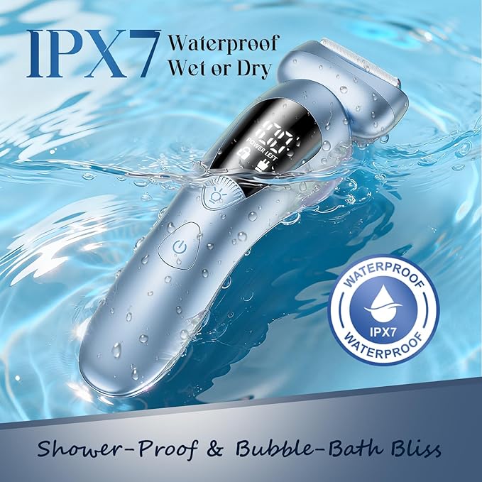 rategist Cordless Electric Razors for Women: Rechargeable Painless Bikini Trimmer for Body Hair - IPX7 Waterproof Shaver with LED Display for Face/Underarm/Leg Deep Blue