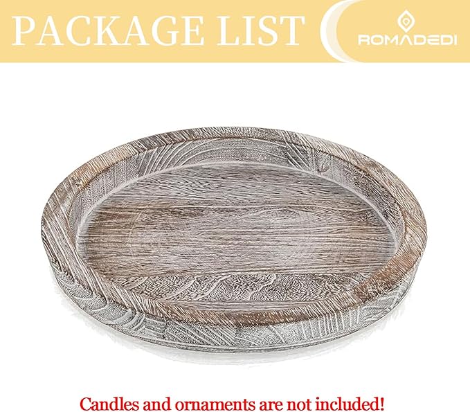 Wooden Decorative Tray Candle Holder: Romadedi Round Wood Tray Home Decor, Whitewash Rustic Trays for Farmhouse Dinning Table Kitchen Countertop Coffee Table Wedding Centerpiece, 11inch, Size L