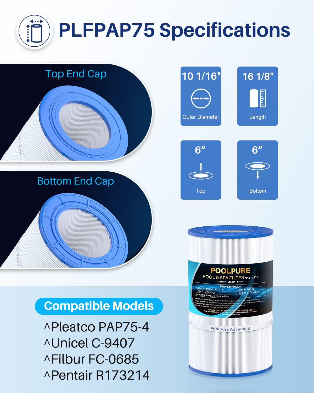 POOLPURE PAP75 Pool Filter Replaces Pentair CC75, PAP75, Pentair Clean & Clear 75, Ultral-C2, R173214, 59054100, Unicel C-9407, Filbur FC-0685, 590541, 75 sq.ft Filter Cartridge 1 Pack