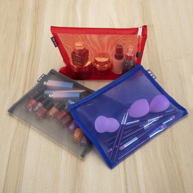 HRX Package Nylon Mesh Cosmetic Bags Zippered, 6PCS A5 Makeup Travel Cases Organizer Pouches for Purse Diaper Bag Office Stationery (7x9.4 inch)