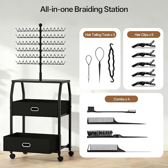 XINTUO Portable Braiding Hair Rack With Wheels & Storage Drawers,168 Pegs Hair Extension Holder Hanger for Braiding Hair Separator Stand Display,Hair rack with stylist hair braiding tools(black)