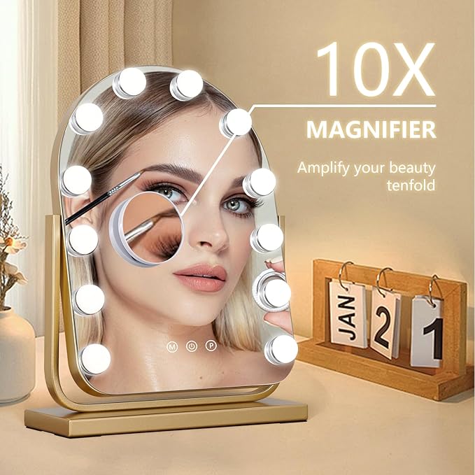 Vanity Mirror with Lights,17.3"ÃÂ13" Lighted Makeup Mirror with 12 Dimmable LED Bulbs,10X Magnification Smart Touch Control Hollywood Mirror with Lights,3 Colors Dimmable,360ÃÂ° Rotation (Gold)