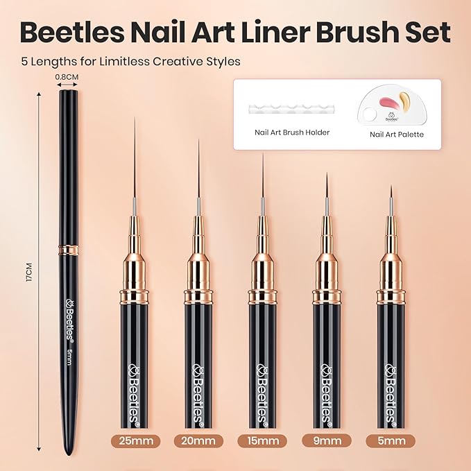 Beetles Liner Brushes for Nails 5pcs - Metallic Nail Art Brushes Black Nail Art Pens Liner Sizes 5/9/15/20/25mm with Palette Holder Painting Manicure Design Tools for Long Lines, Details, Fine Drawing