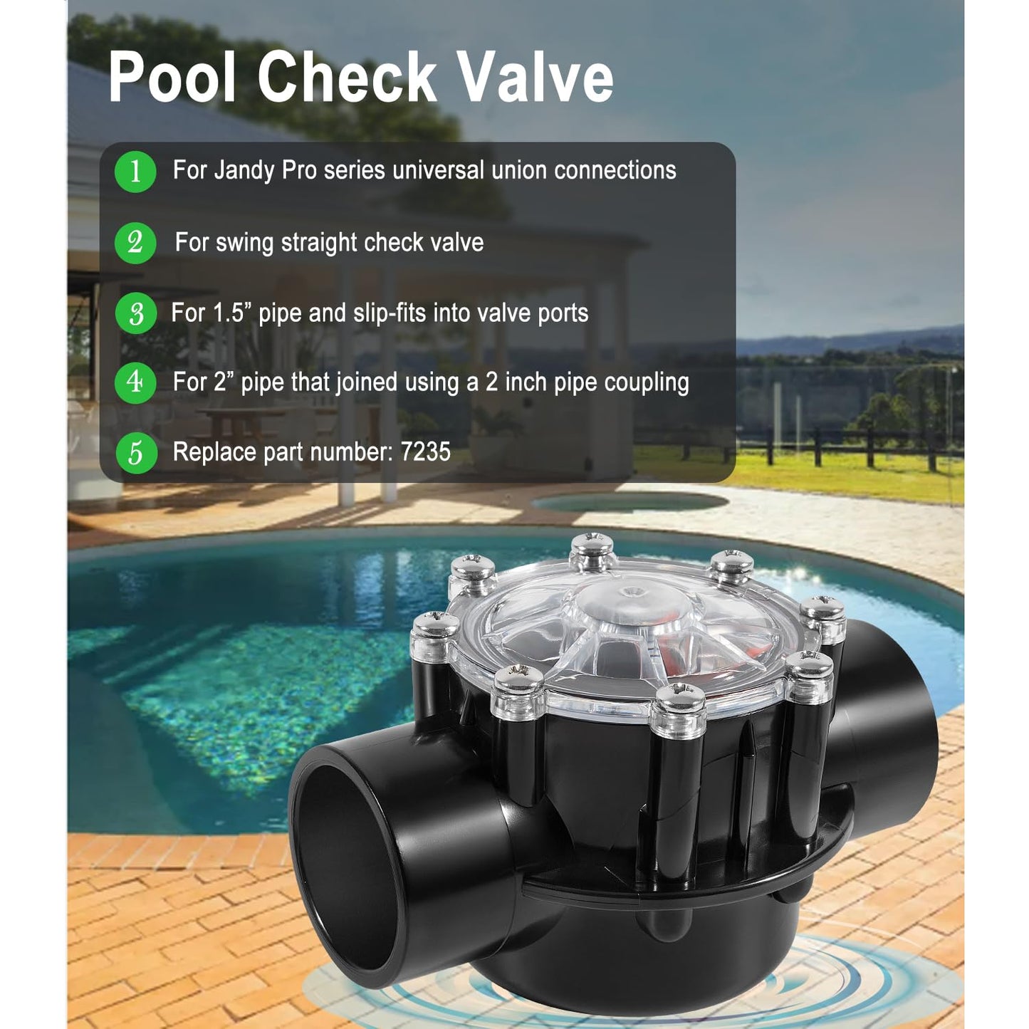 Pool Check Valve - 1 1/2 Inch- Positive Seal & Non Lube for Pools and Spas, Replaces Jandy 7235 Check Valve,180 Degree