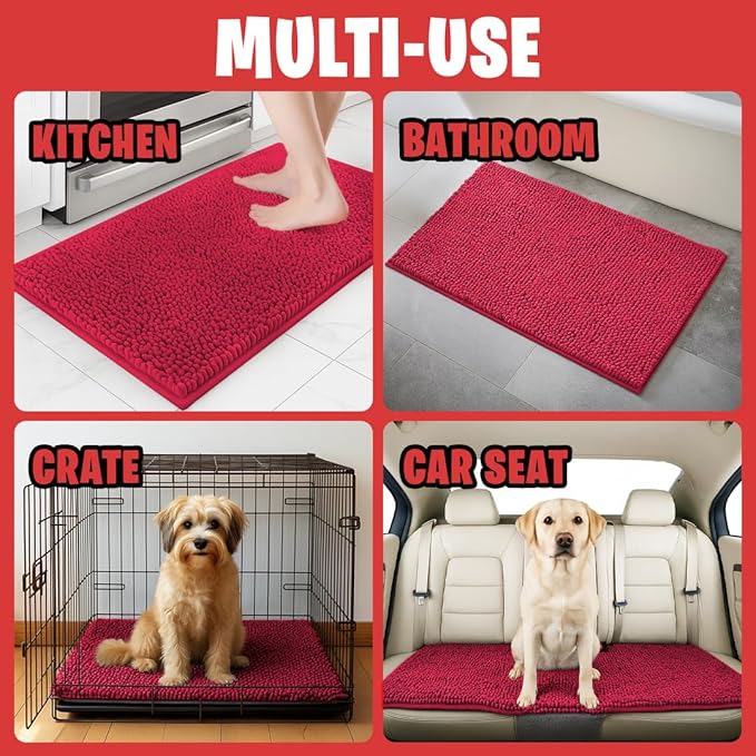 MudGuard Mat™ Dog Door Mat for Muddy Paws, Super Absorbent Microfiber, Non-Slip Indoor Mat, Quick Dry Chenille Mud Mat for Dogs & Entryway, Washable, Red 36" x 60"