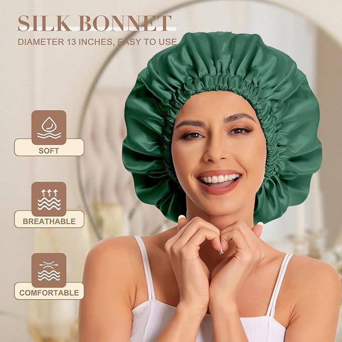 Satin Bonnet Silk Bonnet Hair Bonnet for Sleeping-Slouchy Beanie Hat Satin Sleep Cap for Women's Natural & Curly Hair(Blackish Green)