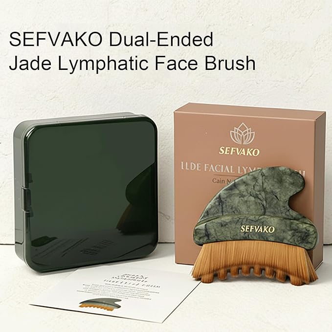 Lymphatic Contour Face Brush, Dual-Ended Dry Brush + Cool-Touch Jade Gua Sha Edge, 0.075mm Ultra-Soft Bristles Gua Sha Facial Tools, for Lymphatic Drainage, Less Puffy Look, Sculpt & Relax