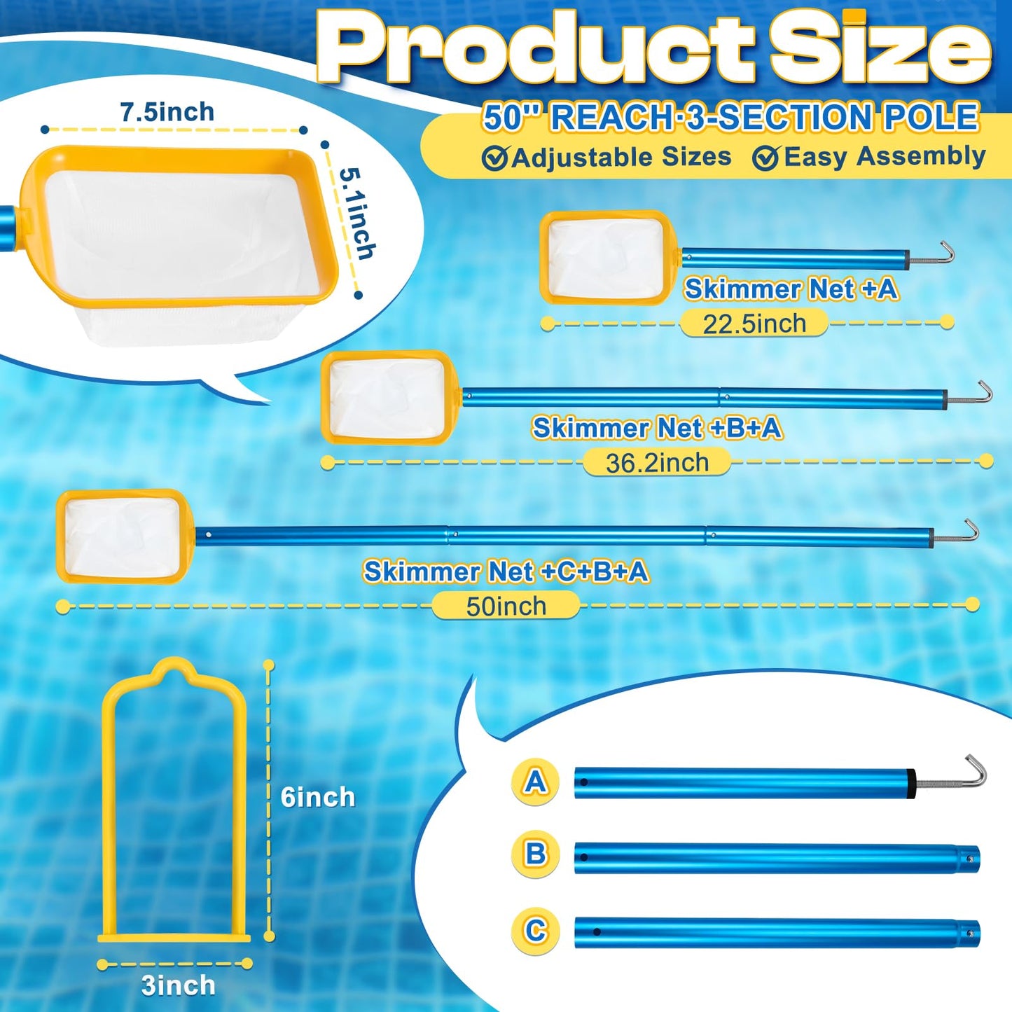 ComfyKit 50in 2-in-1 Pool Skimmer Tool with Stainless Steel Hook and Detachable Fine Mesh Net, Includes Skimmer Basket Handle, for Above Ground and Inground Pools