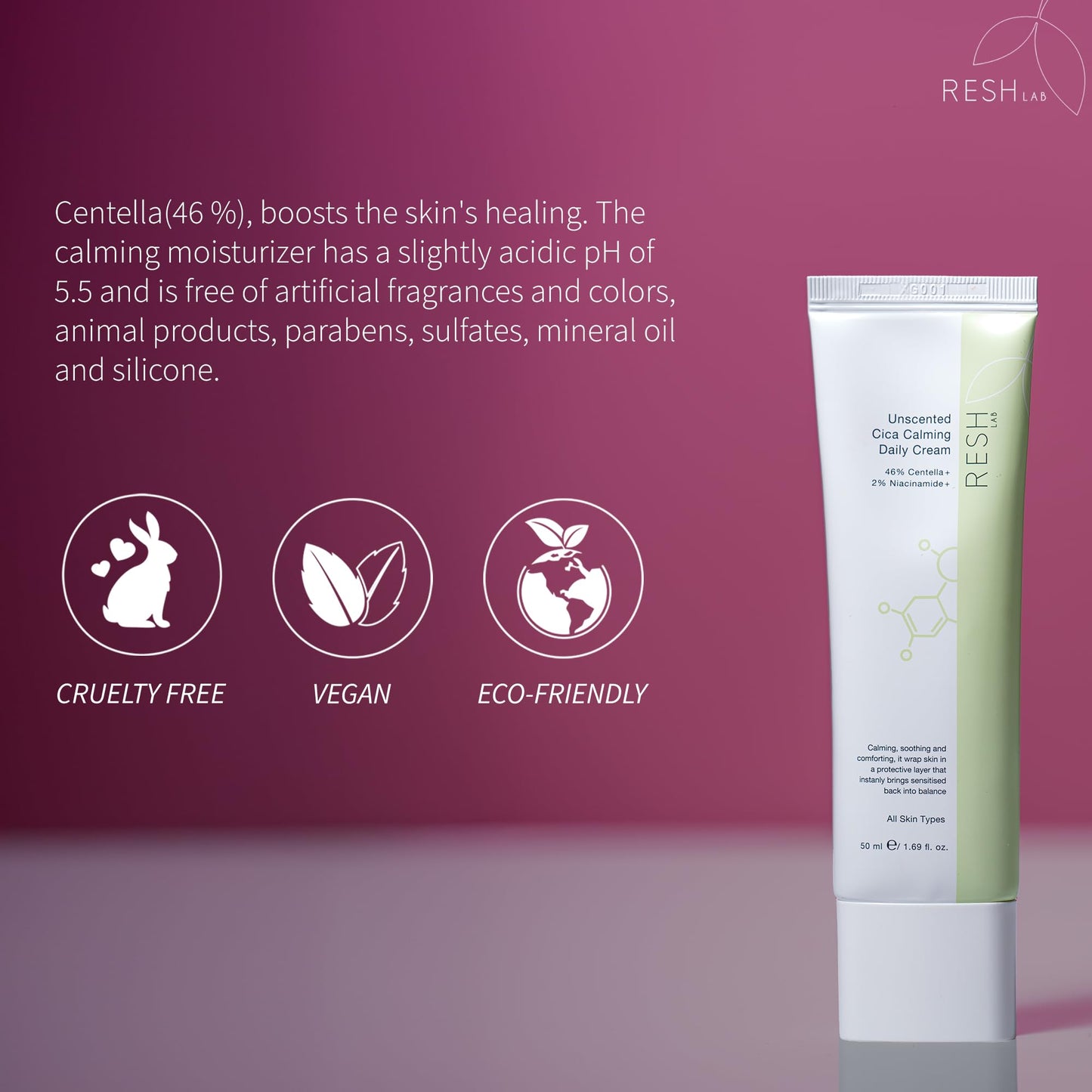 Resh Lab Korean Cica Repair Cream – Hydrating Face Moisturizer for Sensitive & Dry Skin | Redness Relief, Soothing Cream with Ceramide & Panthenol (Fragrance-Free, 50ml)