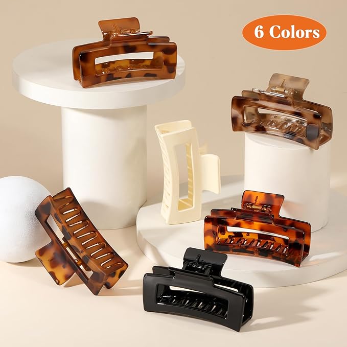Auseibeely 6 Pcs Rectangle Tortoise Shell Claw Clip - 3.35 Inch Medium Hair Clips for Women and Girls, Non-slip Square Claw Clips for Thick/Thin Hair, Banana Jaw Clips Accessories for Gift