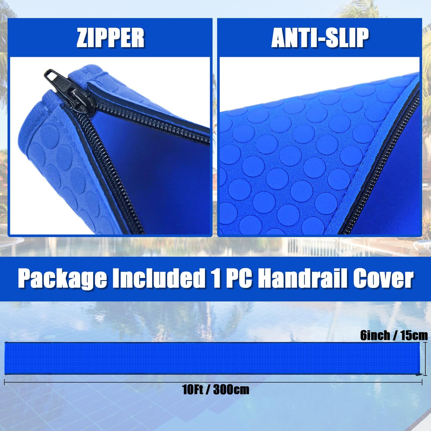 Pool Handrail Covers with Zippers 4 6 8 10 Ft Inground Swimming Pools Hand Rail Cover, Anti-Slip Cool Touch Heat Resistant, Royal Blue, Non Slip Swim Pool Railing Ladder Stair Handle Grip (10 Feet)