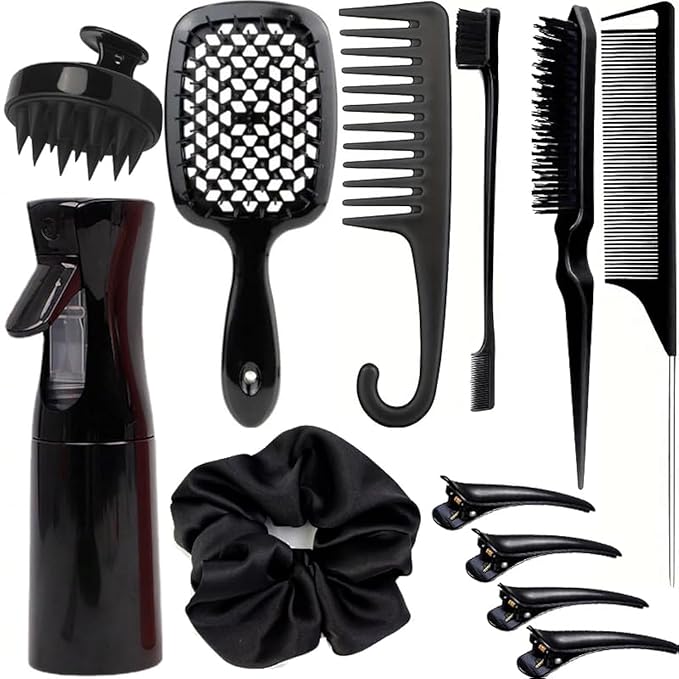12 Pcs Hair Styling Brush Set with Detangler, Teasing, Rat Tail, Edge Brushes and Baby Hair Brushes - Soft Bristles for Baby Girls and Women (Black)