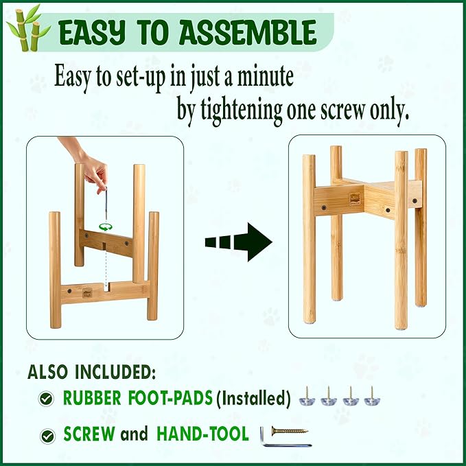 Dog Bowl Stand for Large Breed - Raise, Elevate Bowls to 14-inch High - Adjustable, Fits Any Single Pet Food/Water Feeders and Fountains - Durable Bamboo