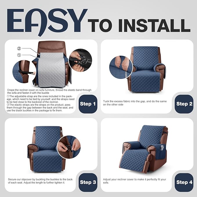 KinCam 100% Waterproof Recliner Chair Cover, Reclining Couch Covers for Pets, Dogs, Recliner Couch Slipcover Furniture Protector with Elastic Straps for Kids(28", Blue)