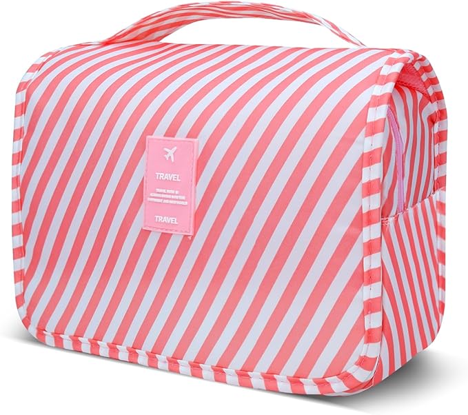 Large Capacity Toiletry Bag Travel Bag with Hanging Hook for Men and Women Waterproof Travel Cosmetic Bag Bathroom Storage Bag for Brushes Set, Full-Sized Shampoo,Accessories(Pink Stripe)
