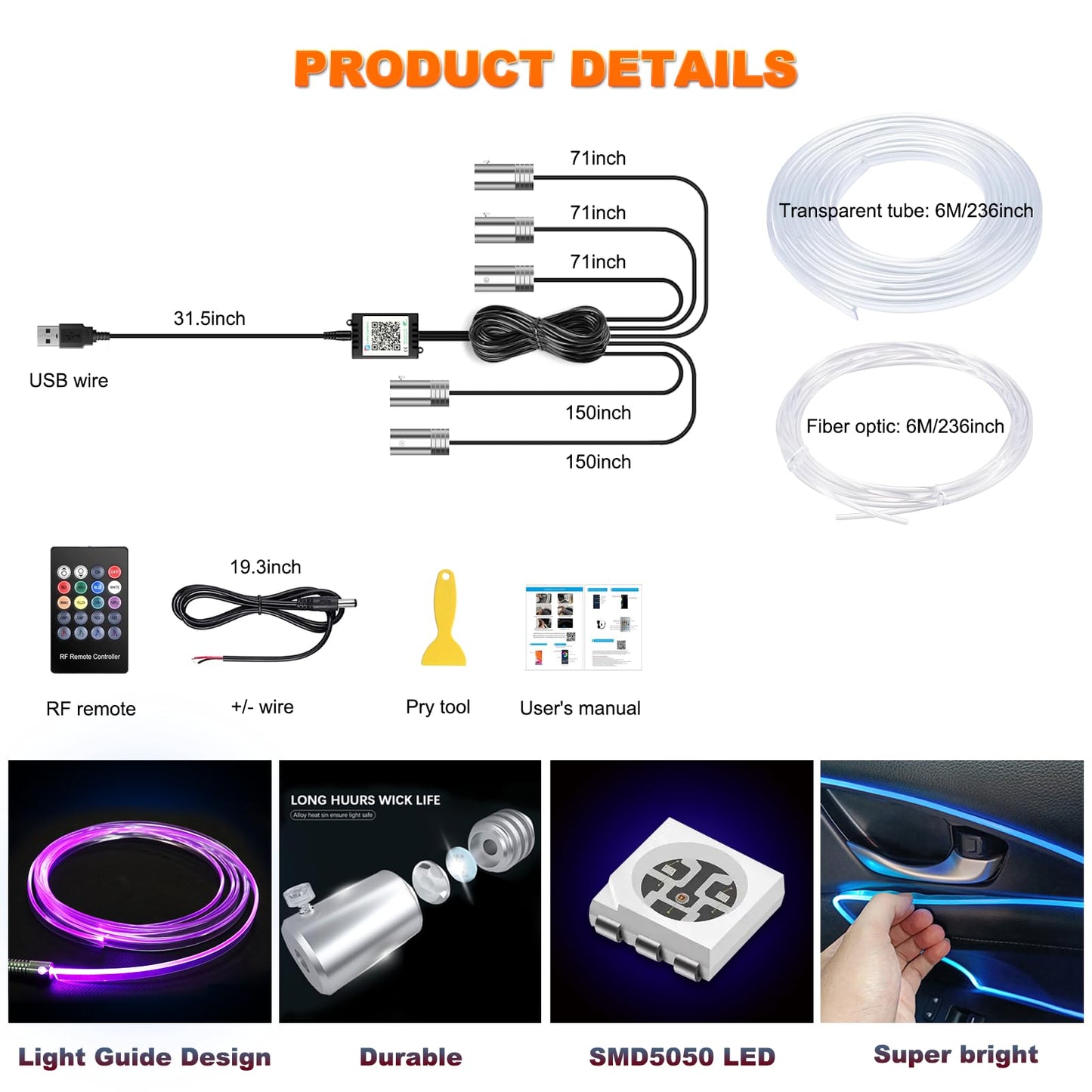 Jushope Interior Car LED Strip Lights with Wireless APP and Remote Control, RGB 5 in 1 Ambient Lighting Kits with 236 inches Fiber Optic, 16 Million Colors Car Neon Lights, Sync to Music